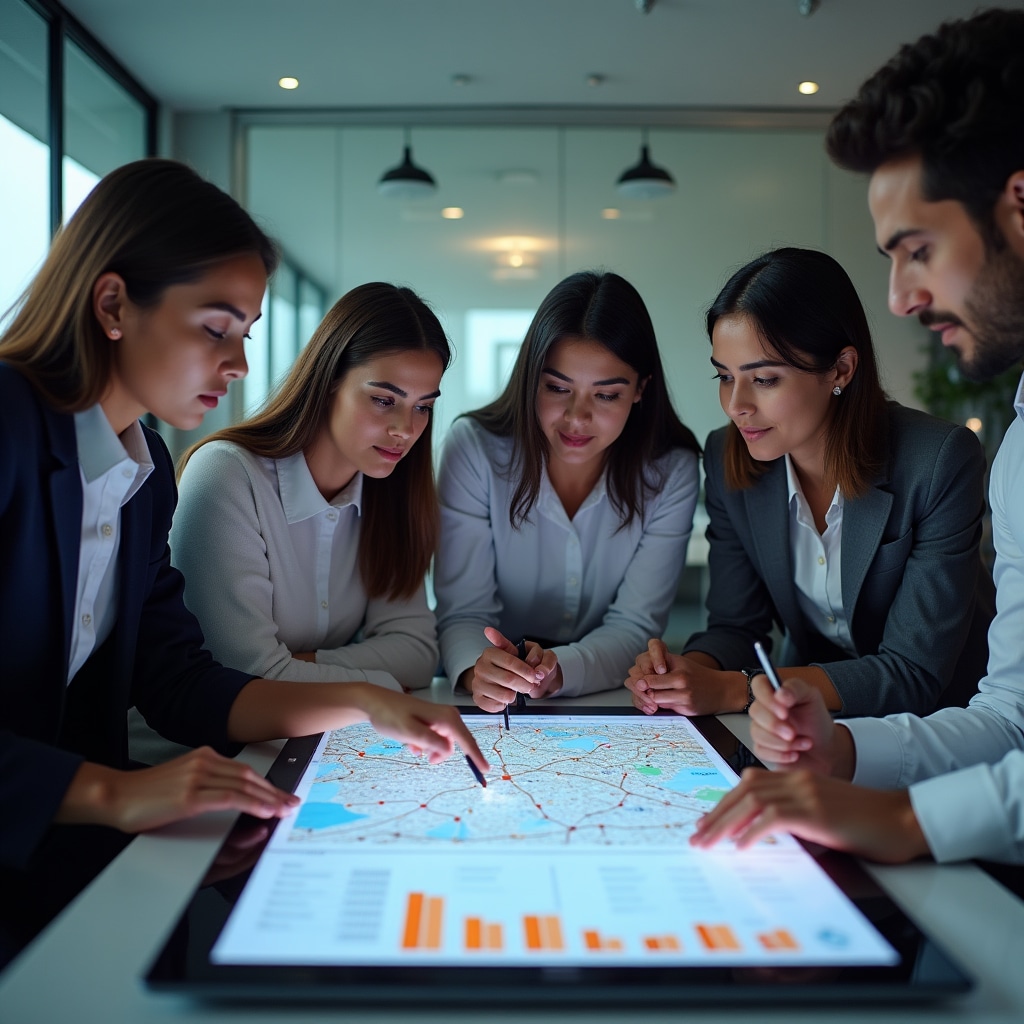 Group of professionals reviewing real estate crowdlending documents on a digital screen