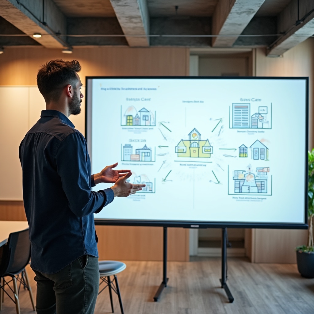 Professional educator explaining real estate investment concepts on a digital whiteboard in a modern learning environment