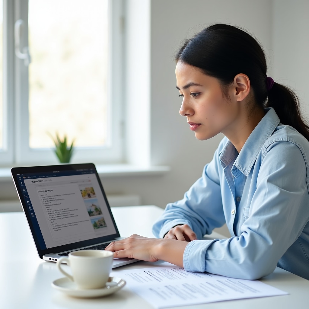 Young professional studying real estate investment materials at a modern desk with laptop and documents